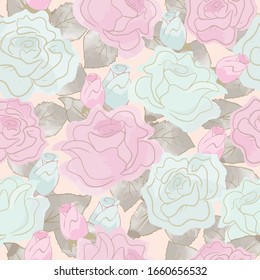 Seamless pattern sweet pink and light blue rose flower.