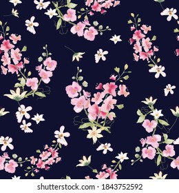 Seamless pattern sweet pink and white flora on blue background.