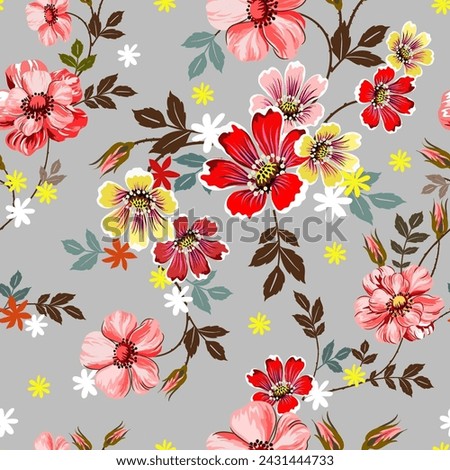 Seamless pattern of sweet pink wild roses and colorful wildflowers. in the spring on a light gray background
For fabric and wallpaper gift wrapping paper