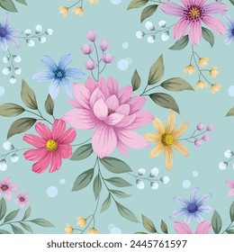 Seamless pattern of sweet pink-blue floral On a romantic colored background. Natural Spring Flower pattern design for fashion print                                                             