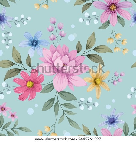 Seamless pattern of sweet pink-blue floral On a romantic colored background. Natural Spring Flower pattern design for fashion print                                                             
