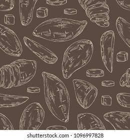 Seamless pattern with sweet potato: root and sweet potato slice. Vector hand drawn illustration.