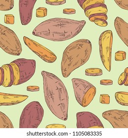 Seamless pattern with sweet potato: root and sweet potato slice. Vector hand drawn illustration.