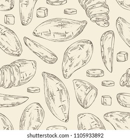 Seamless pattern with sweet potato: root and sweet potato slice. Vector hand drawn illustration.