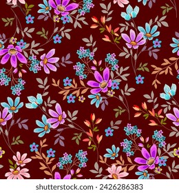 Seamless pattern of sweet purple, blue, pink flowers. on a dark red background For fabric and wallpaper Natural Spring Flower Gift Wrapping Paper