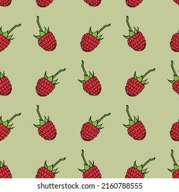 Seamless pattern with sweet raspberry on light green background. Vector image.