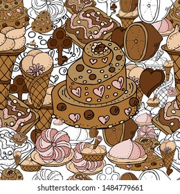 Seamless pattern sweet set. Cake, cookies and ice cream. Chocolate figures. Lemon and heart. Key.