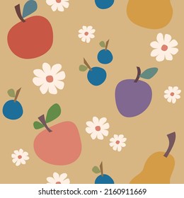 Seamless pattern with sweet simple fruits and white flowers, in blob style and retro colors. Suits for background,  wallpaper, fabric, textile, print for summer or vintage atmosphere.