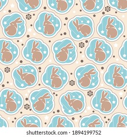 Seamless pattern, sweet sleepy bunnies inside dream clouds, swatch included