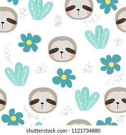 Seamless pattern with sweet sloth and floral elements. Vector hand drawn illustration.