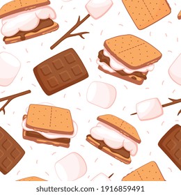 Patrón sin foco con olores dulces. Antecedentes con sándwiches de galletas, chocolate, malvavisco y galletas de gramaje. Ilustración vectorial de dibujos animados planos para papel de tela o envolver