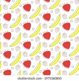 Seamless pattern with sweet strawberries and bananas in cartoon style.