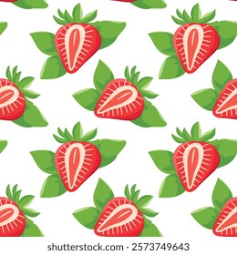 Seamless pattern sweet strawberries, juicy, tasty, red, ripe, for fabric design, packaging, vector.