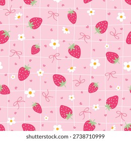 Seamless pattern with sweet strawberries, white daisies, and dainty pink bows on a soft pink grid background. Vector illustration.