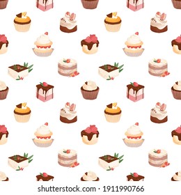 Seamless pattern with sweet sugar desserts, pieces of creamy cakes and cupcakes decorated with strawberries and toppings. Endless texture for printing. Colored vector illustration on white background