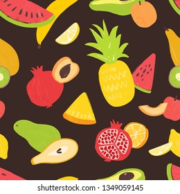 Seamless pattern with sweet tasty organic ripe fruits on black background. Summer backdrop with fresh natural healthy vegan food. Flat vector illustration for wrapping paper, fabric print, wallpaper.
