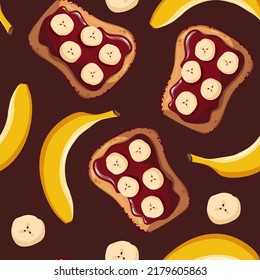 Patrón sin foco con tostadas dulces con plátanos. Alimentación sana, nutrición, cocina, desayuno, concepto de comida. Ilustración vectorial.