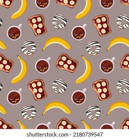 Seamless pattern with Sweet toast, bananas, donut, tea. Healthy eating, nutrition, cooking, breakfast, food concept. Vector illustration.