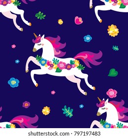 Seamless pattern. A sweet unicorn flies through the starry night sky among the flowers.