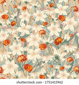 Seamless pattern sweet vintage floral with leaf,illustation vector doodle comic art.
