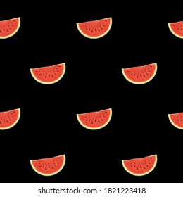 Seamless pattern with sweet watermelon slices on the black backdrop. Summer vector background with the appetizing watermelon, suitable for wallpaper, wrapping paper, fabric, textile, fruit design