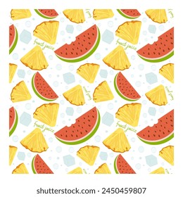 Seamless pattern of sweet watermelon slices and tropical pineapple slices with ice cubes. Isolated on white background. Summer time. Pattern for fabric, paper, textiles and much more. Vector