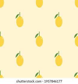 Seamless pattern of Sweet yellow marian plum(Mayongchit)with green leaf Thai fruit.Flat design