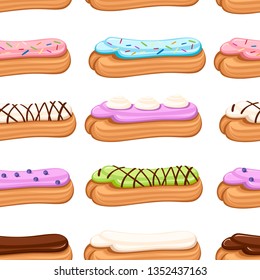 Seamless pattern. Sweet and yummy cream eclair dessert. Choux pastry filled with cream. Flat vector illustration on white background. Dessert set.