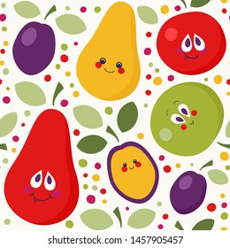 Seamless pattern with sweet-faced pear, plum, apple. Vector illustration with bright fruits.