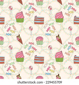 Seamless pattern with sweetness and cakes