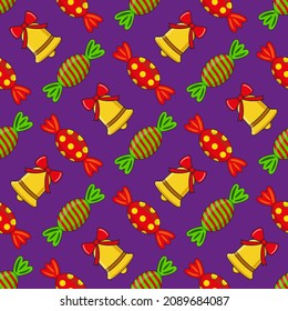 Seamless pattern with sweets and bells, Holiday package design