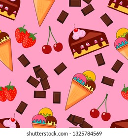 Seamless pattern with sweets and berries,colorful image.Vector illustration.