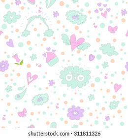 Seamless pattern with sweets, bicycle, hearts, flowers and candies