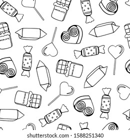 Seamless pattern of sweets. Black and white background. 
