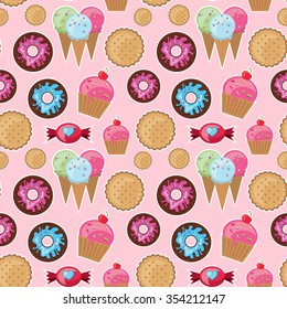 Seamless pattern sweets. Bright candy and donuts.