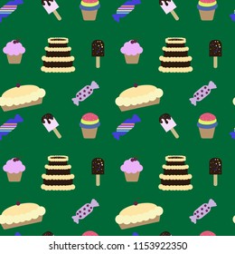 Seamless pattern with sweets, cake, cakes, candy. Bright vector background in green tones
