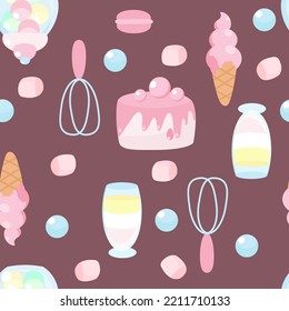 Seamless pattern sweets cake, cream jelly, whisk, lollipops, marshmallows, macarons in cartoon style on a white background.