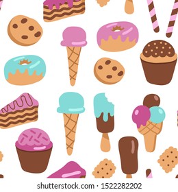 Seamless pattern of sweets. Cakes, cookies, muffins and ice cream