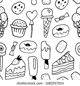 Seamless pattern of sweets. Cakes, cookies, muffins and ice cream