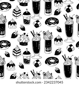 Seamless pattern with sweets, cakes and creamy desserts on white background. Vector illustration. Hand drawn doodle for design, decor, print, wallpaper and textile, packaging