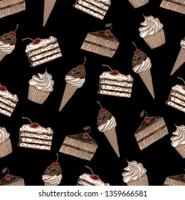 Seamless pattern of sweets, cakes and ice cream on black background 