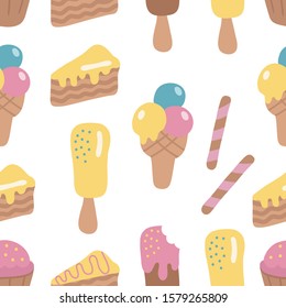 Seamless pattern of sweets. Cakes, muffins and ice cream.Hand drawn illustration.Delicious desserts.Vector pattern