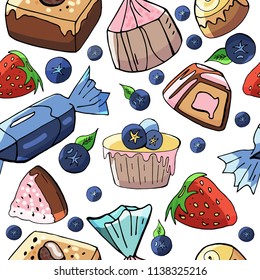 Seamless pattern of sweets and cakes on a white background
