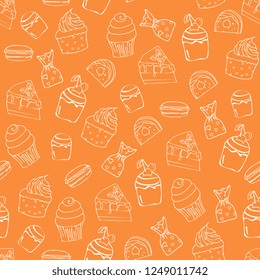 Seamless pattern with sweets, candies, cupcake and cookies. perfect for happy valentines day , for the menu, postcards, congratulations,wrapping. Outline hand drawing vector illustration.