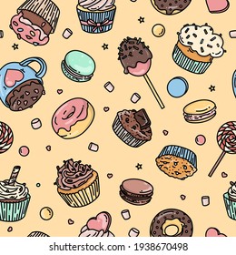 Seamless pattern with sweets, candies, cupcakes, macaroons in the doodle style. Colorful vector illustration on a yellow background.