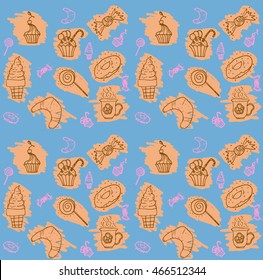 seamless pattern with sweets, candies and ice-creams on blue background 