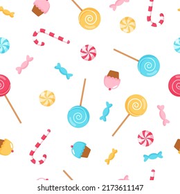 Seamless pattern with sweets, candies, lollipops, cakes on white background. Cartoon food. Perfect for fabrics print, wallpaper and wrapping paper. Vector illustration.