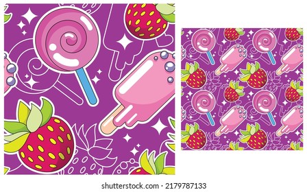 Seamless pattern. Sweets, candies, popsicles and strawberries. Bright illustration for girls.