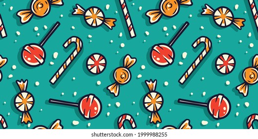 Seamless pattern with sweets candy illustrations for holiday design. Halloween, Christmas or New Year elements. October party banner, poster or postcard
