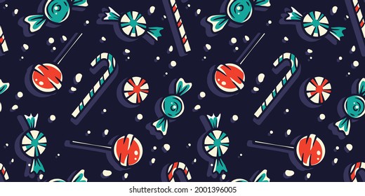 Seamless pattern with sweets candy illustrations for holiday design. Halloween, Christmas or New Year elements. October party banner, poster or postcard